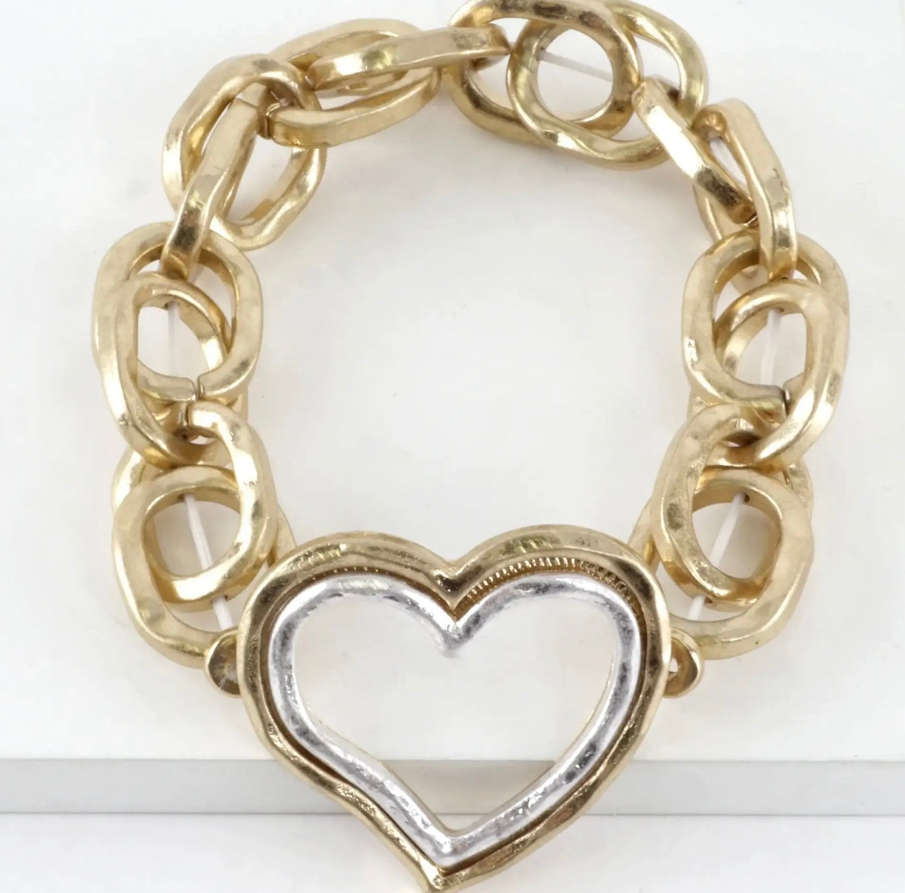 Gold Two Tone Chunky Hammered Chain
Dual Heart Stretch Bracelet