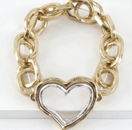 Gold Two Tone Chunky Hammered Chain
Dual Heart Stretch Bracelet