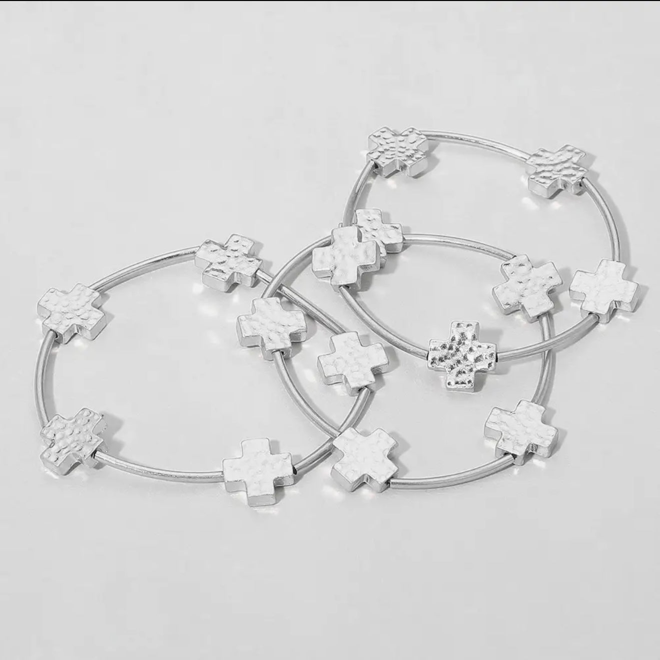 Silver 3 piece Hammered Metal Cross
Bar Beaded Stretch Multi
Layered Bracelets