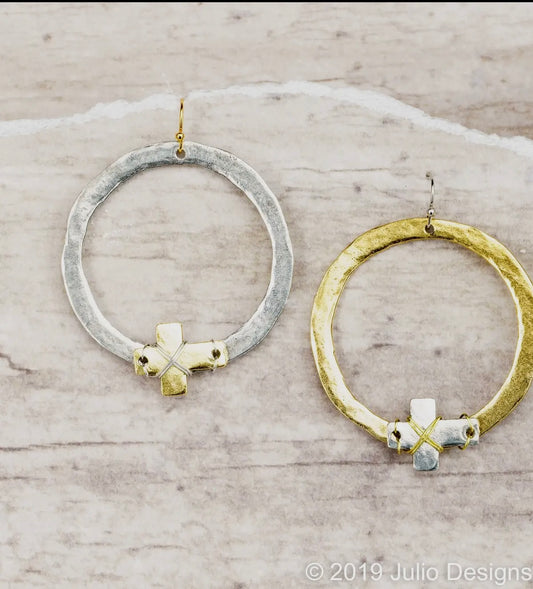Hammered Circle Earring with Wire Wrapped Cross
Accent