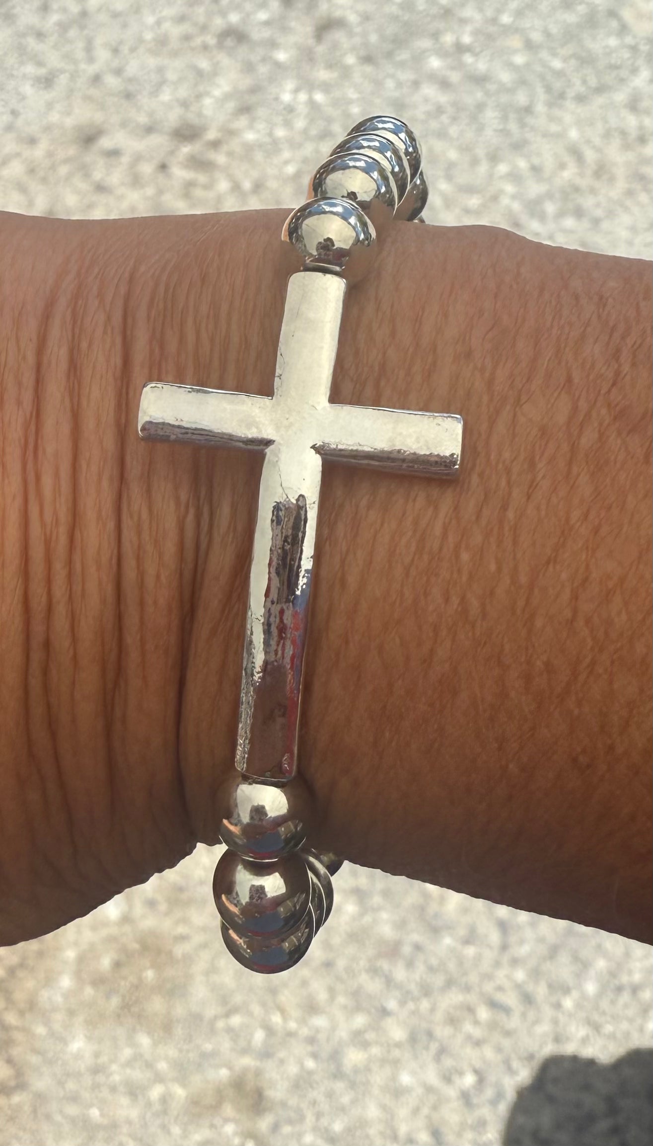 Silver beaded sideways cross bracelet
