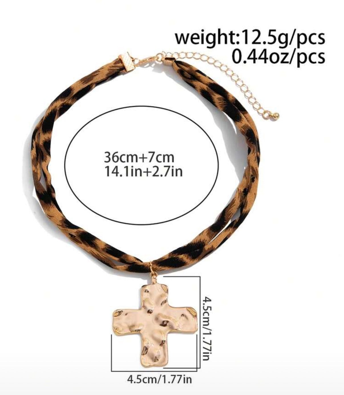 Leopard Print - Double Strand Necklace with Gold Hammered Cross Pendant.