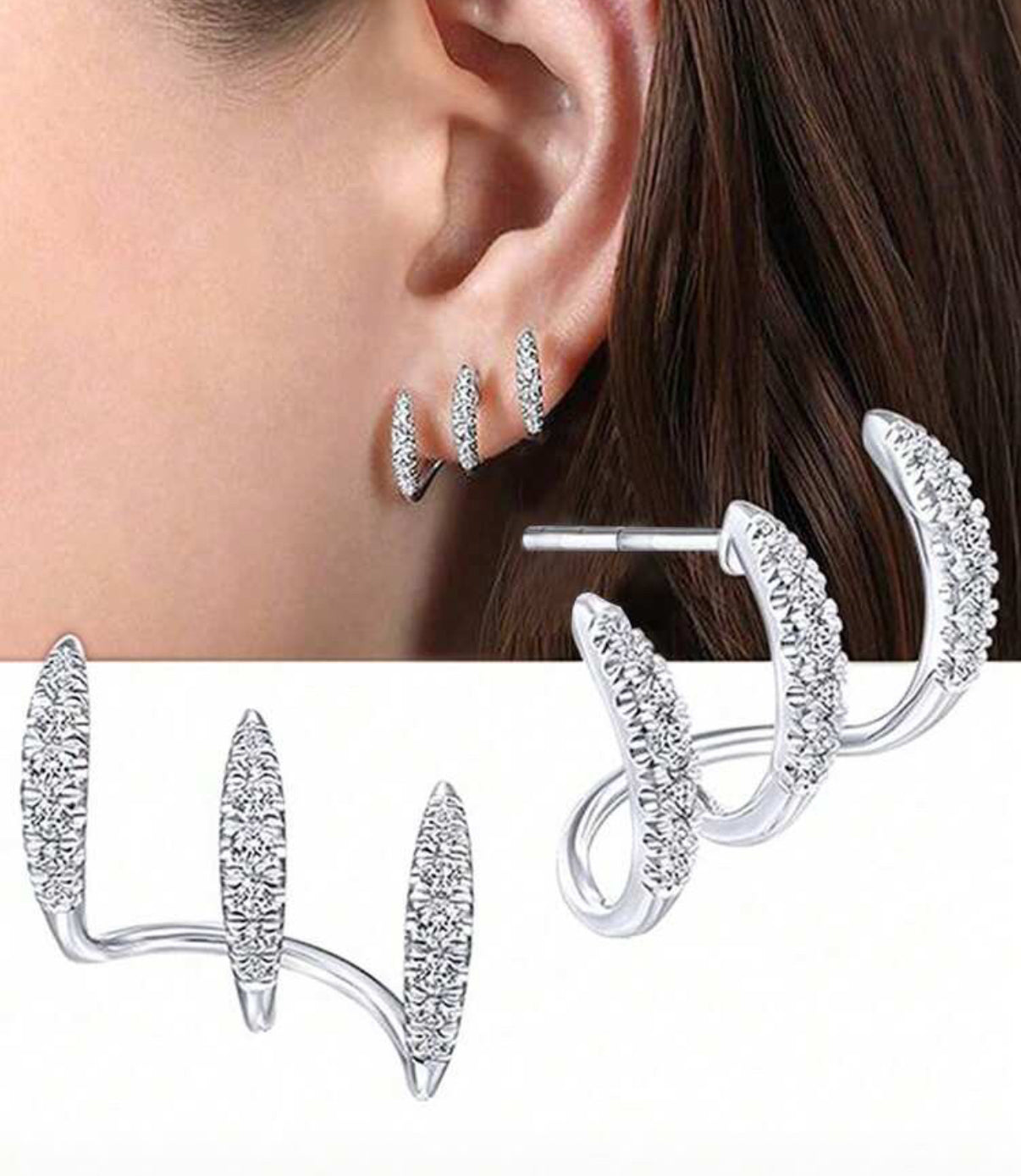 Silver Pavé Triple Claw Earrings