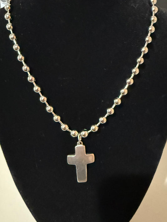 Silver Steel Ball Beaded Chain with Cross Pendant