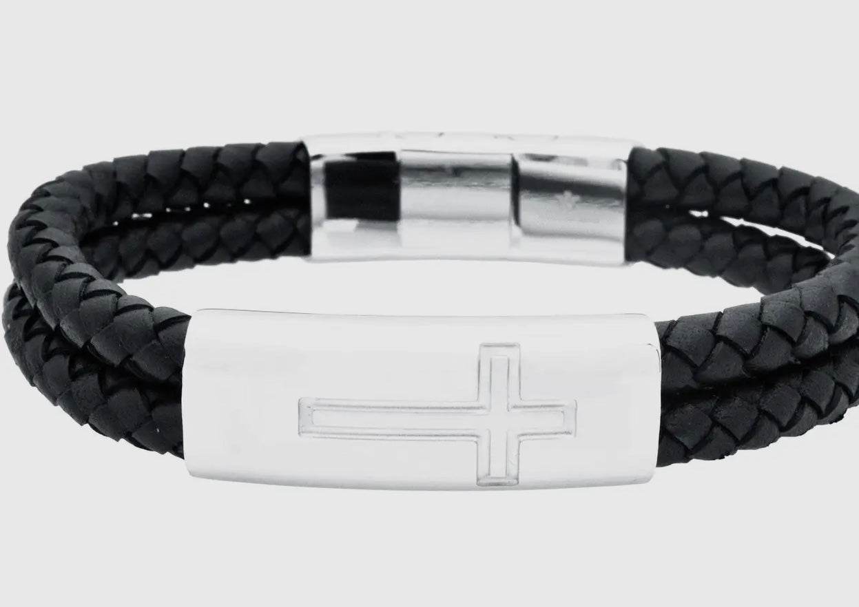 Men's Double Strand Black Leather Stainless Steel Cross Bracelet