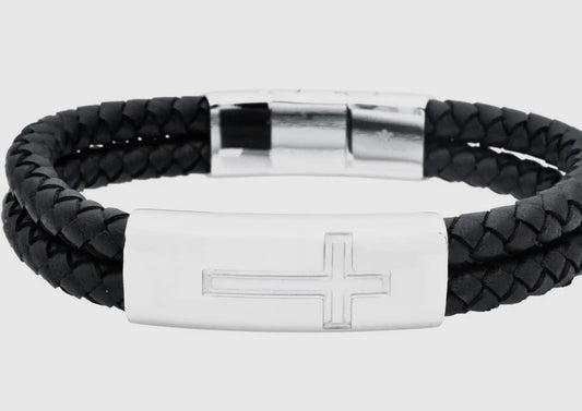 Men's Double Strand Black Leather Stainless Steel Cross Bracelet