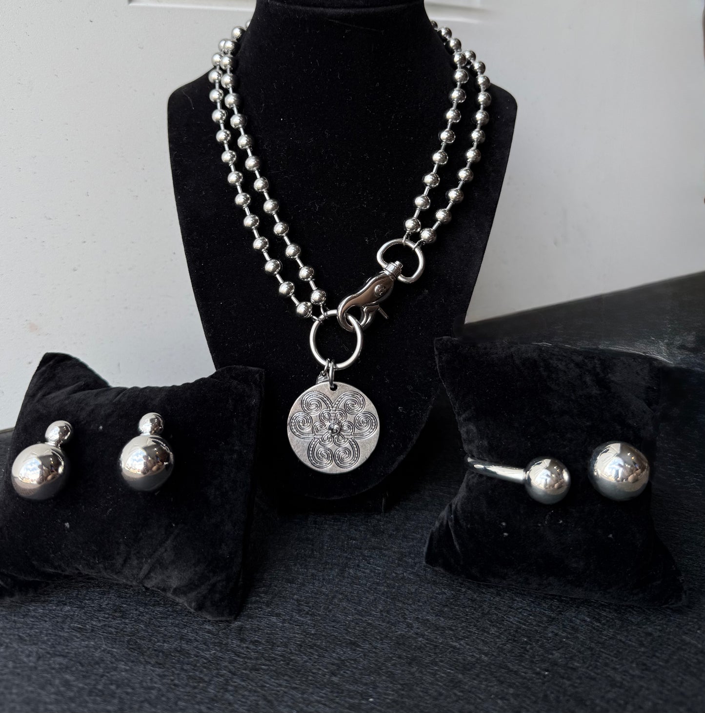 Silver Convertible (long/short) Ball Beaded Necklace with Flower Disk Charm