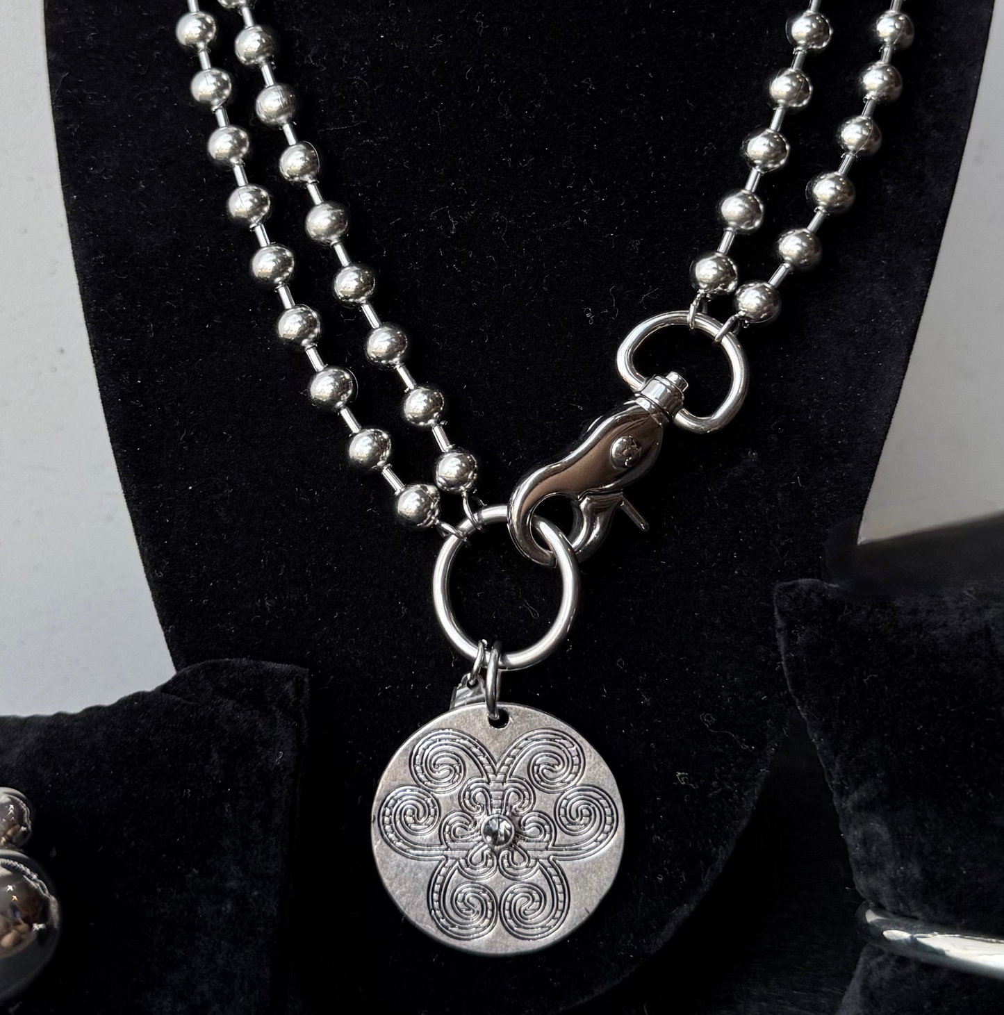 Silver Convertible (long/short) Ball Beaded Necklace with Flower Disk Charm
