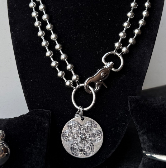 Silver Convertible (Short or Long) Ball Beaded Chain Necklace with Round Flower Pendant