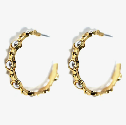 Hammered Gold 2" Hoop with Pearl Studded Stone Earring