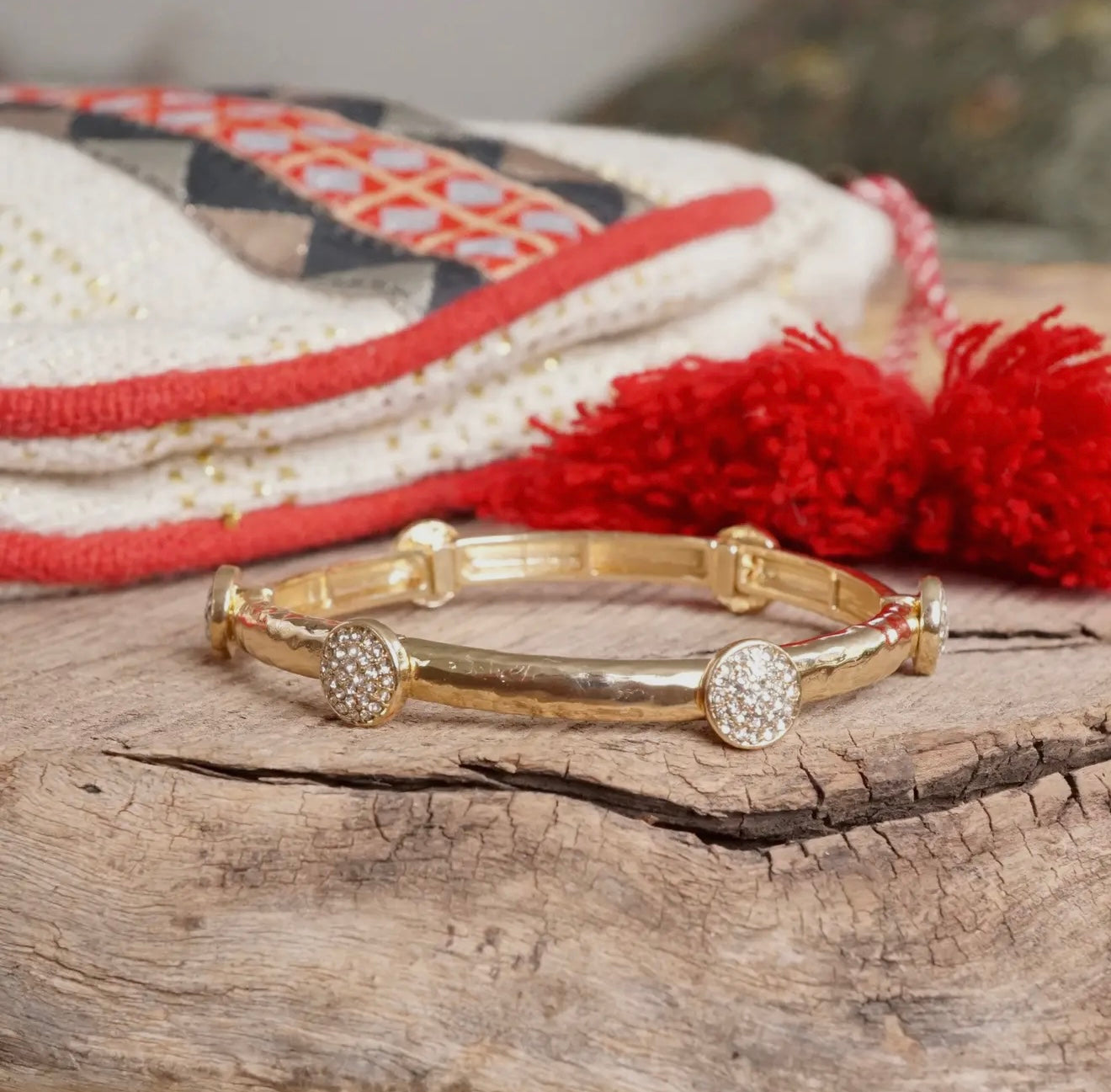 Gold Stretchy Bangle with Crystal Pavé Round Accents