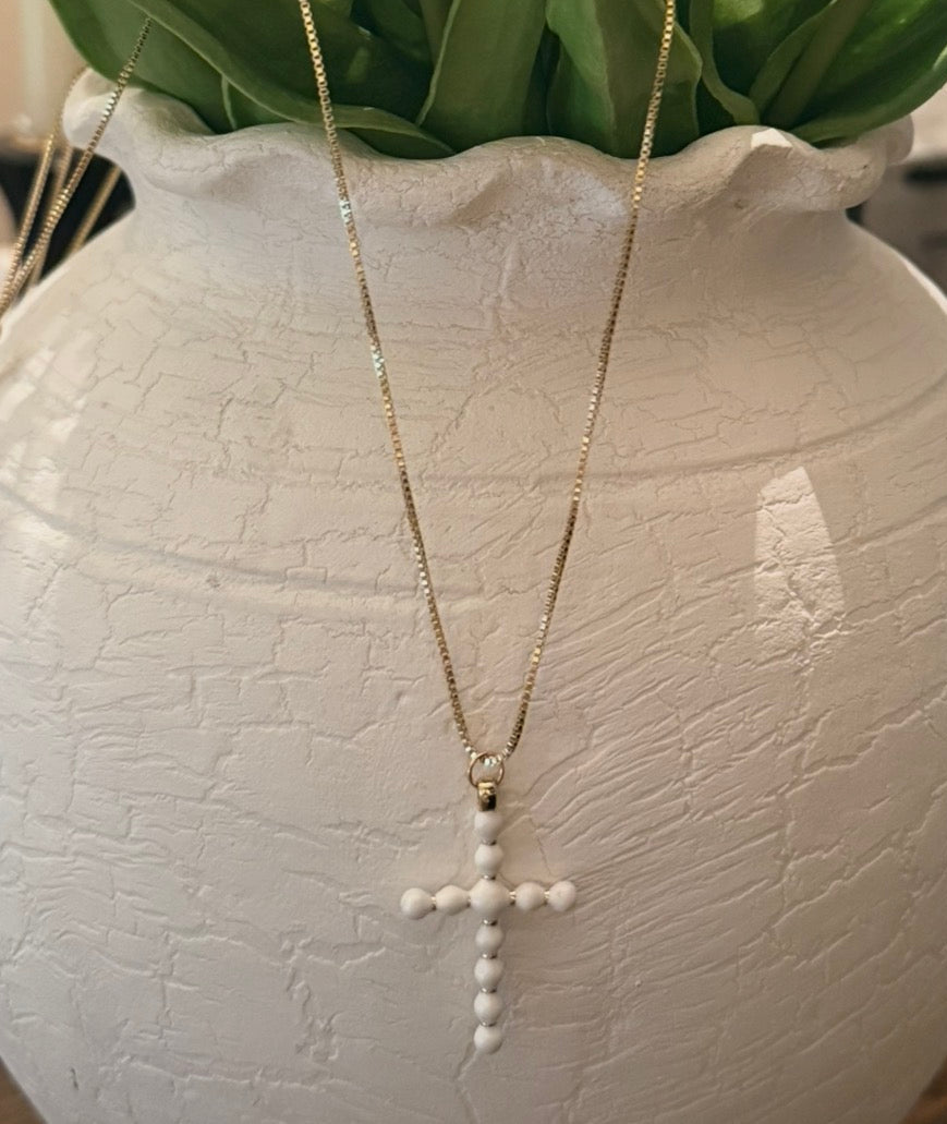 White Ball Bead Cross Pendant on Gold Box Chain Necklace
