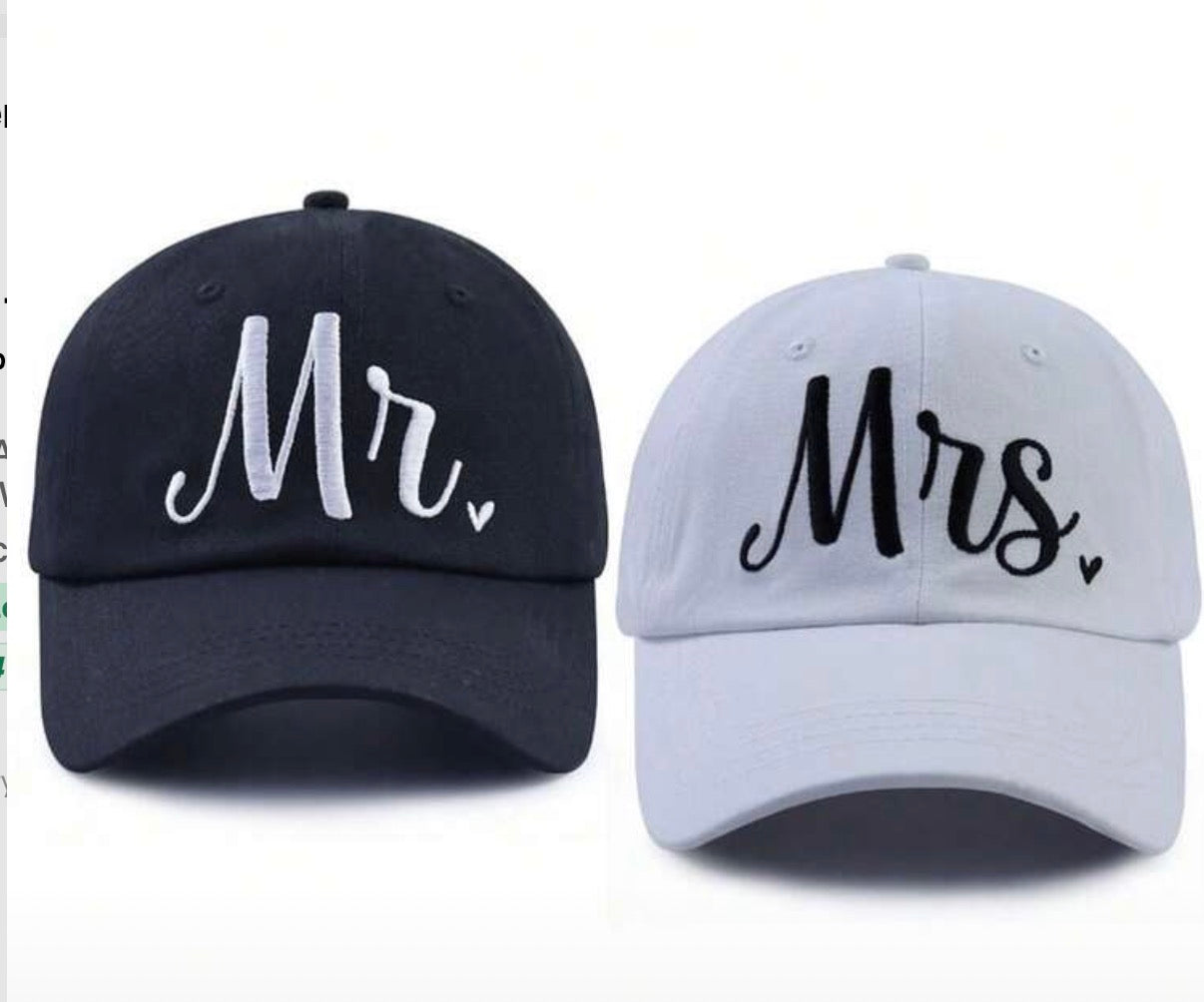 2 pc. Mr & Mrs White & Black Baseball Caps (Large Font)