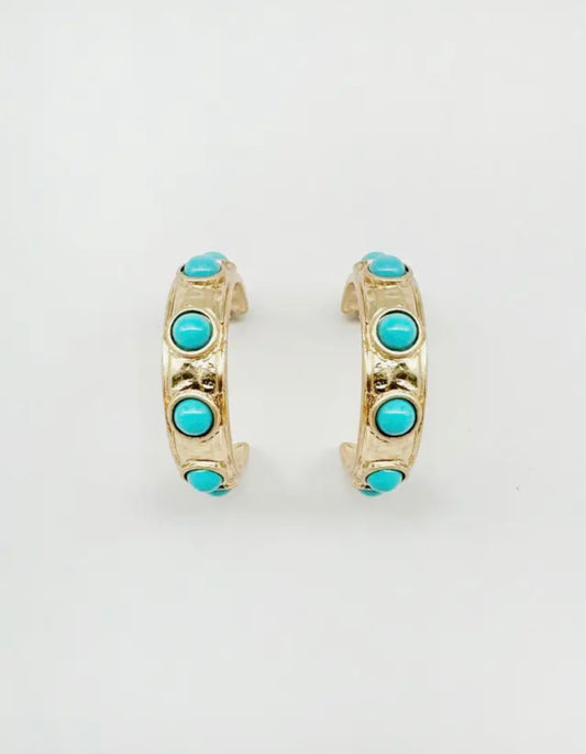 Gold Hoop with Turquoise Studded Accents 1.5" Earring