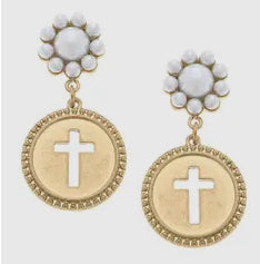 Candace Coin Cross Pearl Drop Earrings in Worn Gold.