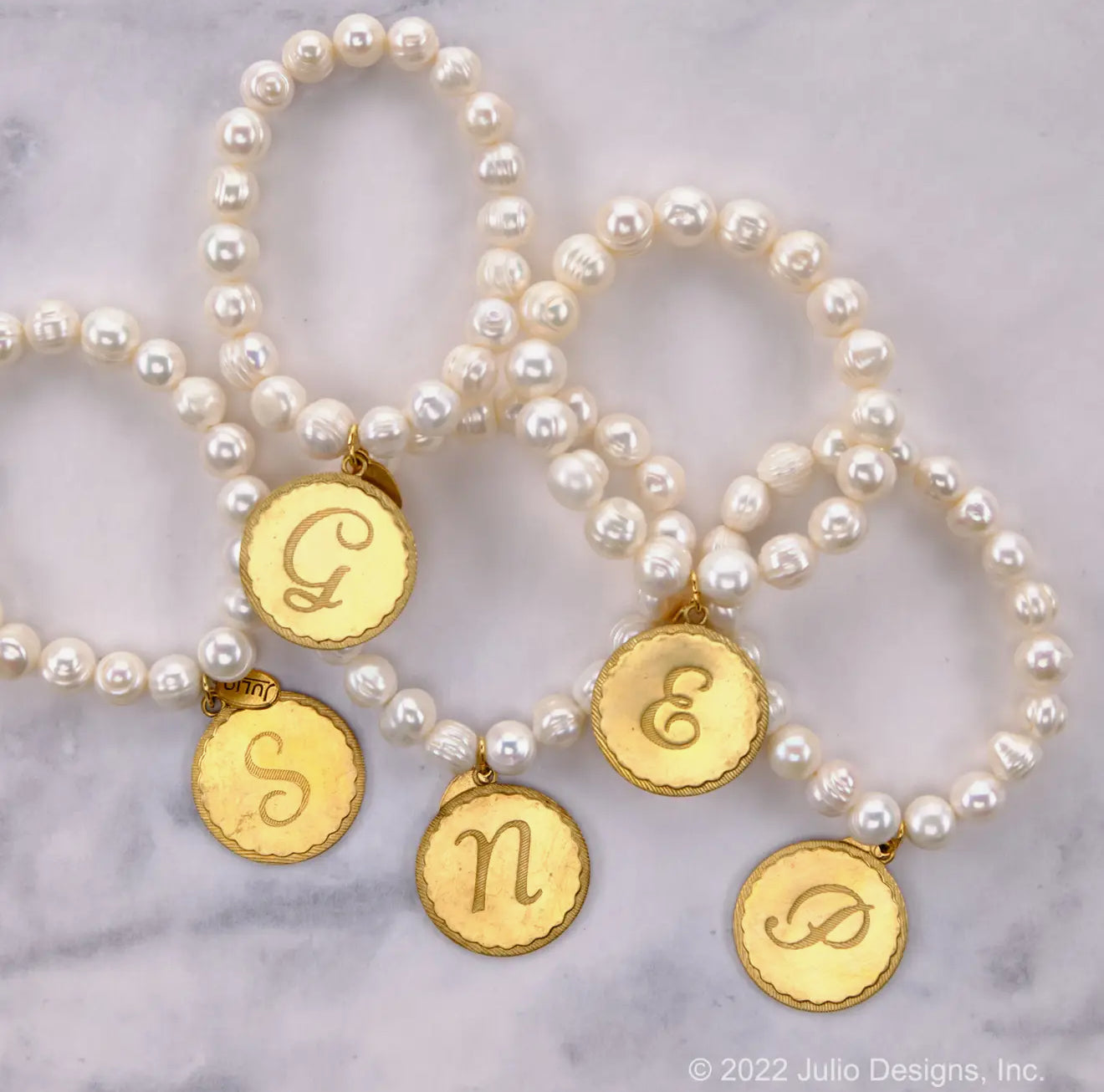 PREORDER-Gold Uppercase Monogram Medallion on Freshwater Pearl Stretch Bracelet