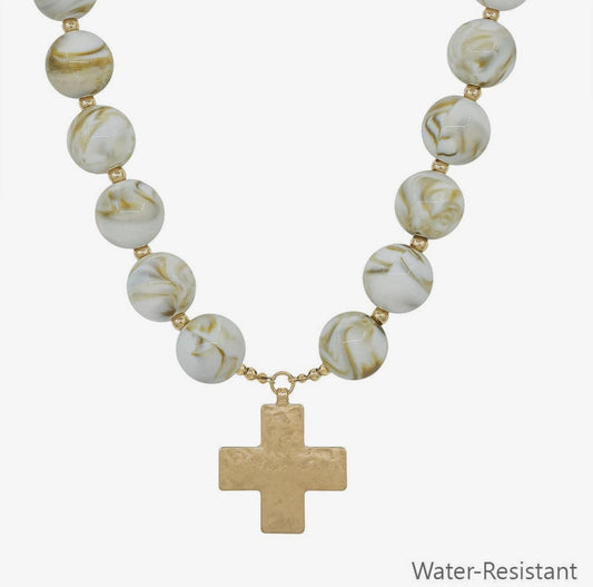 Water Resistant Natural 20mm Beaded with Hammered Gold Cross 18" Magnetic Closure
Necklace