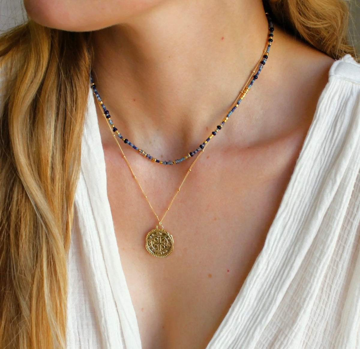 Gold Coin Necklace with Ball Beaded Chain