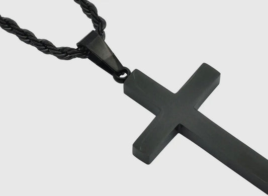 Men's Black S.Steel Cross Pendant W / 24" Rope Chain