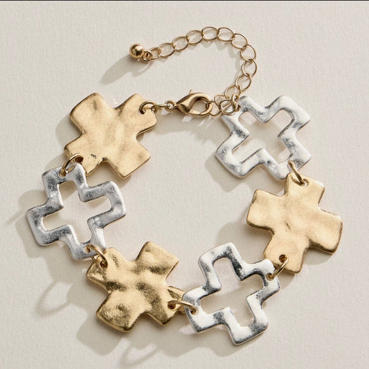 Hammered Two Tone Cross Link Chain Bracelet