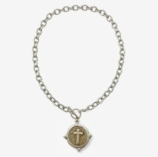 Two-Tone Silver Chain with Hammered Silver and Gold Coin 16"-18" Necklace