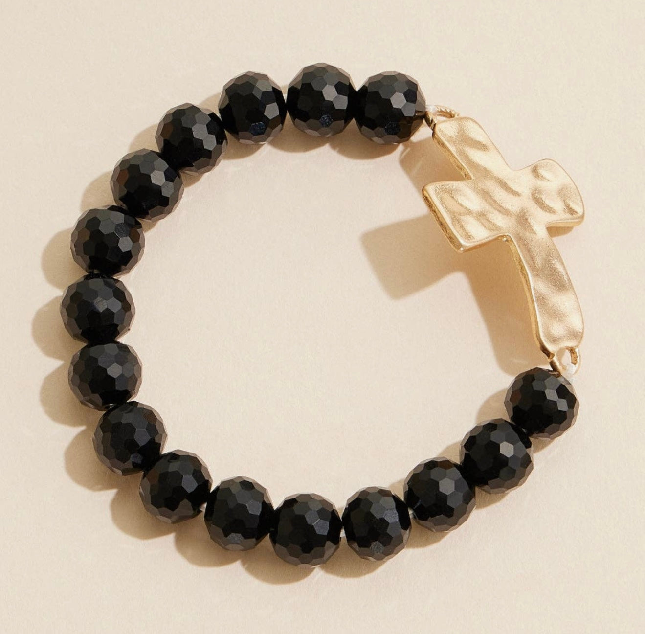 Black Glass Bead Bracelet 
Cross Charm