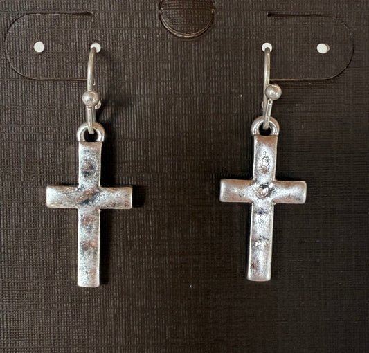 Silver Hammered Cross Dangle Earrings
