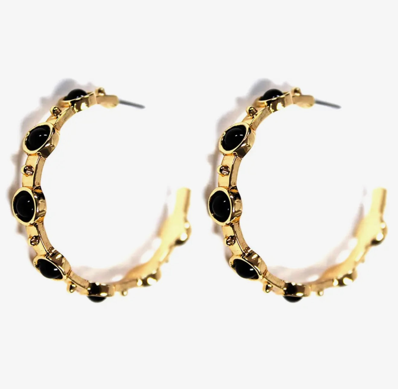 Hammered Gold 2" Hoop with Black Studded Stone Earring