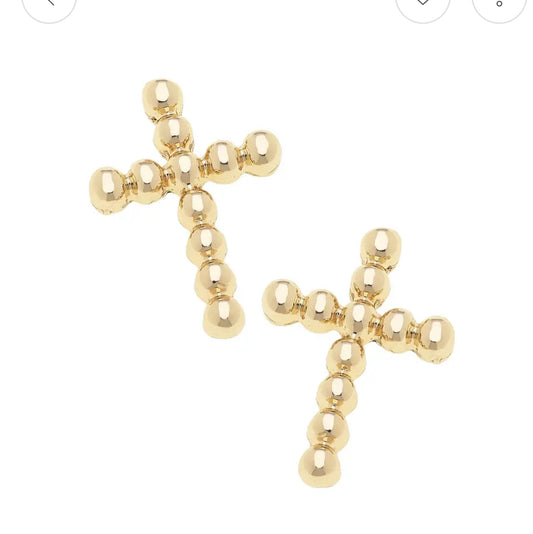 Poppy Beaded Cross Stud Earrings in Shiny Gold