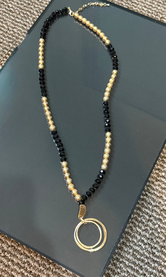 Gold & Black Beaded Long Necklace with Gold Double Circle Pendant