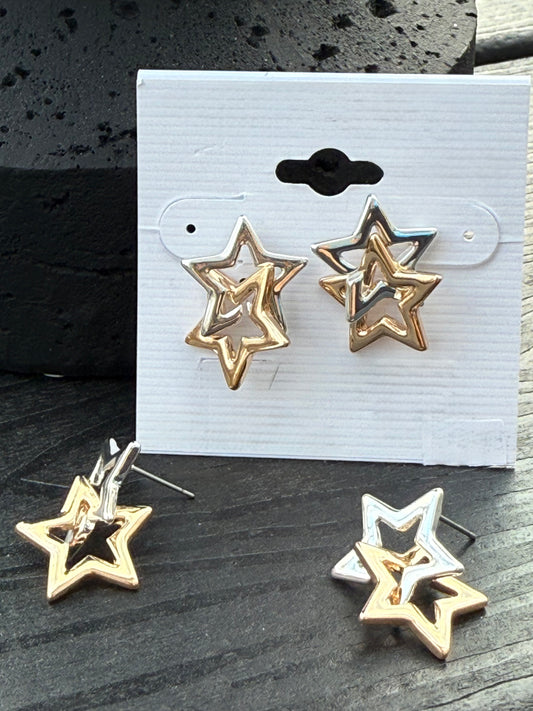 Two-Tone Shiny Double Star Dangle Post Earring