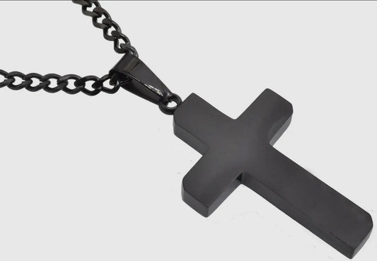 Men's Matt Black Stainless Steel Cross Pendant with 24" Curb