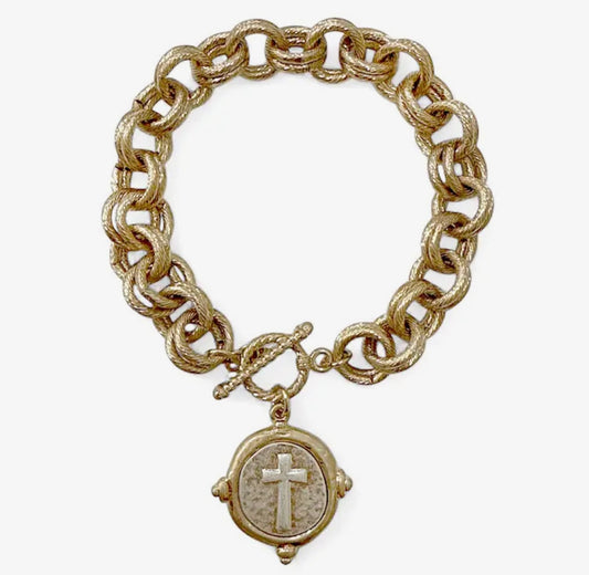 Two-Tone Gold Layered Chain with Gold and Silver Cross Charm 7.5"
Bracelet
