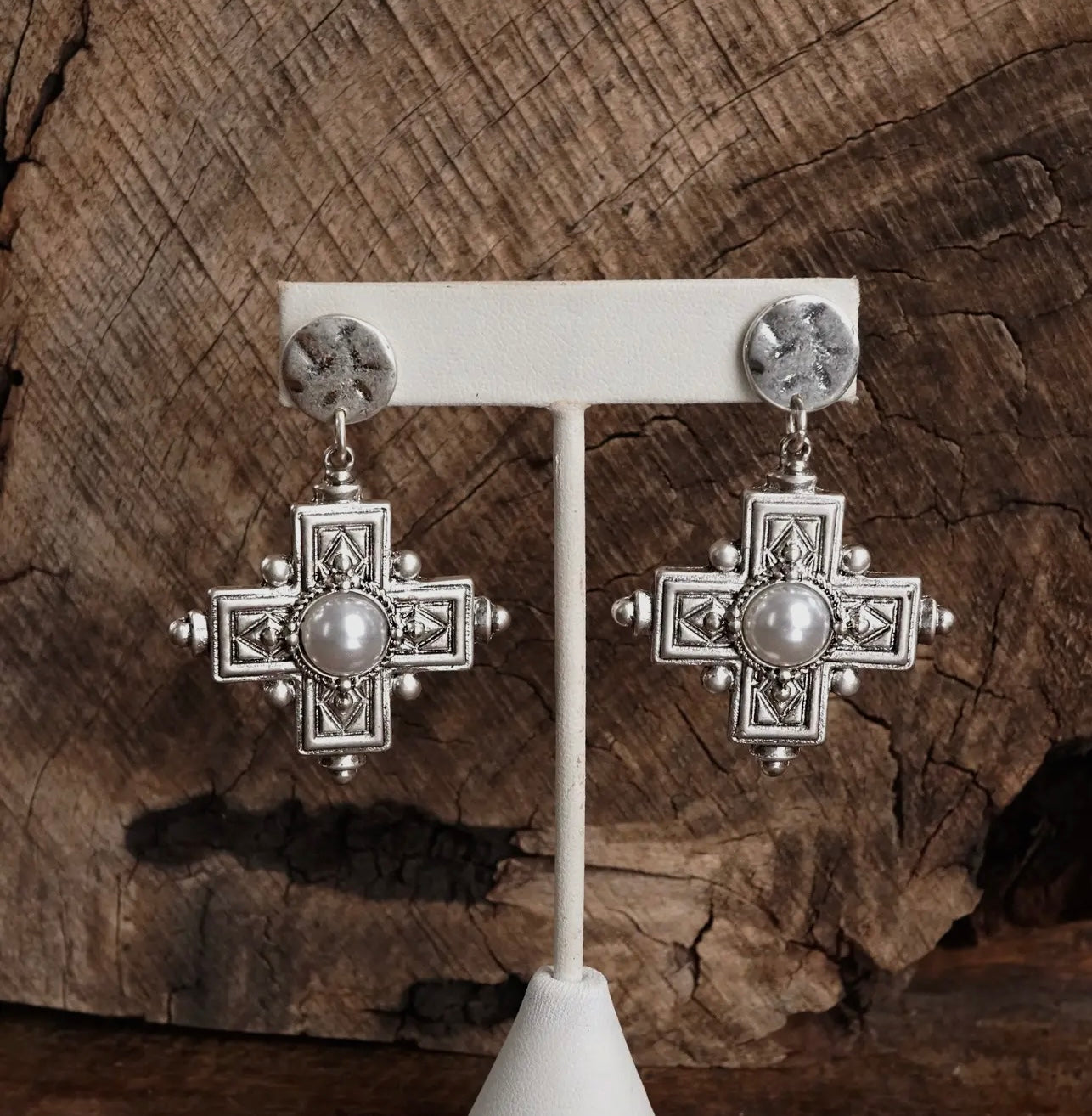 Silver Boho Cross Drop Statement Earrings - Gold & Silver Tones