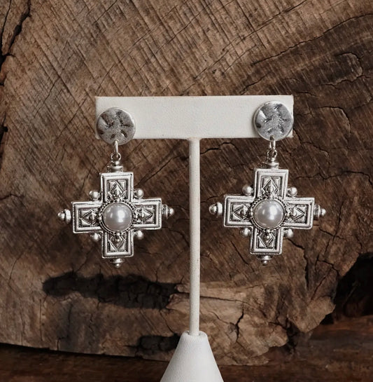 Silver Boho Cross Drop Statement Earrings - Gold & Silver Tones