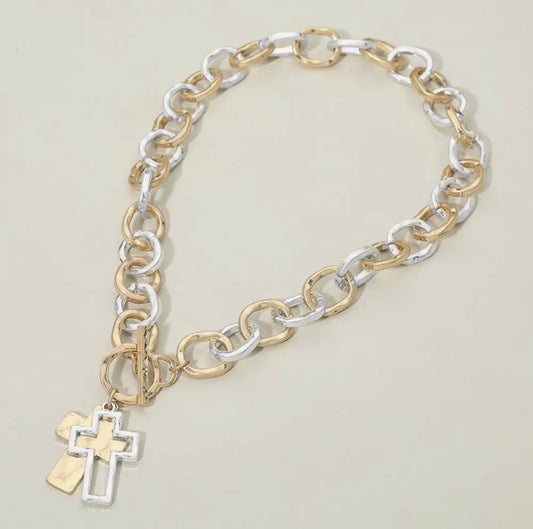 Two-Tone Hammered Layered Cross Pendant Chunky Chain Toggle
Necklace