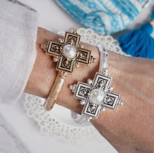 Gold Boho Cross Drop Statement Bangle - Gold & Silver Tones