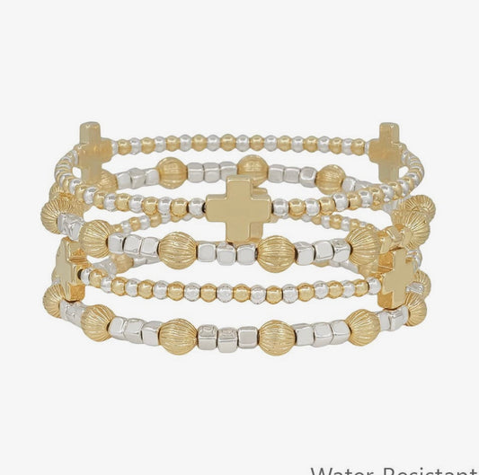Water Resistant Silver and Gold Beaded with Cross Set of 4 Stretch Bracelets