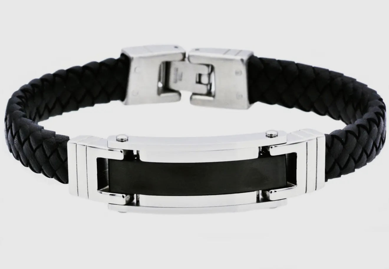 Men's Black Stainless Steel Black Leather Bracelet