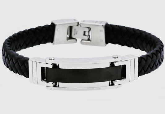 Men's Black Stainless Steel Black Leather Bracelet