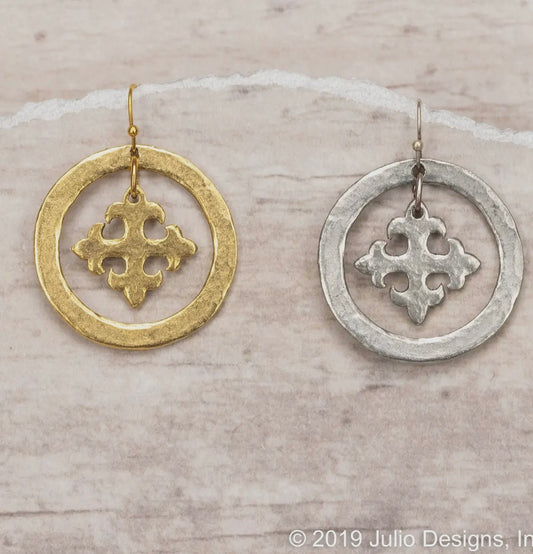 Maltese Cross Earring Surrounded By Hammered
Circle