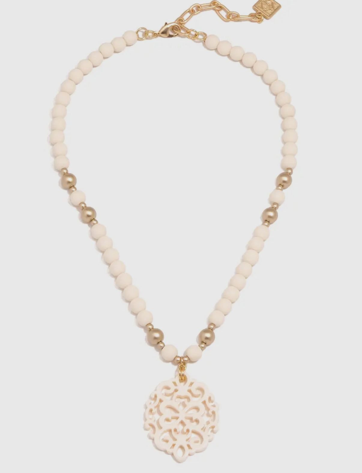 Cream & Gold Damask Pendant Beaded Collar Necklace