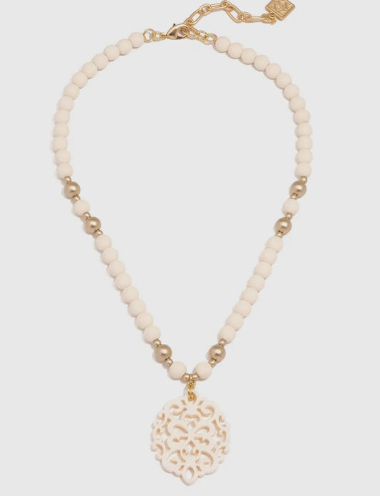 Cream & Gold Damask Pendant Beaded Collar Necklace