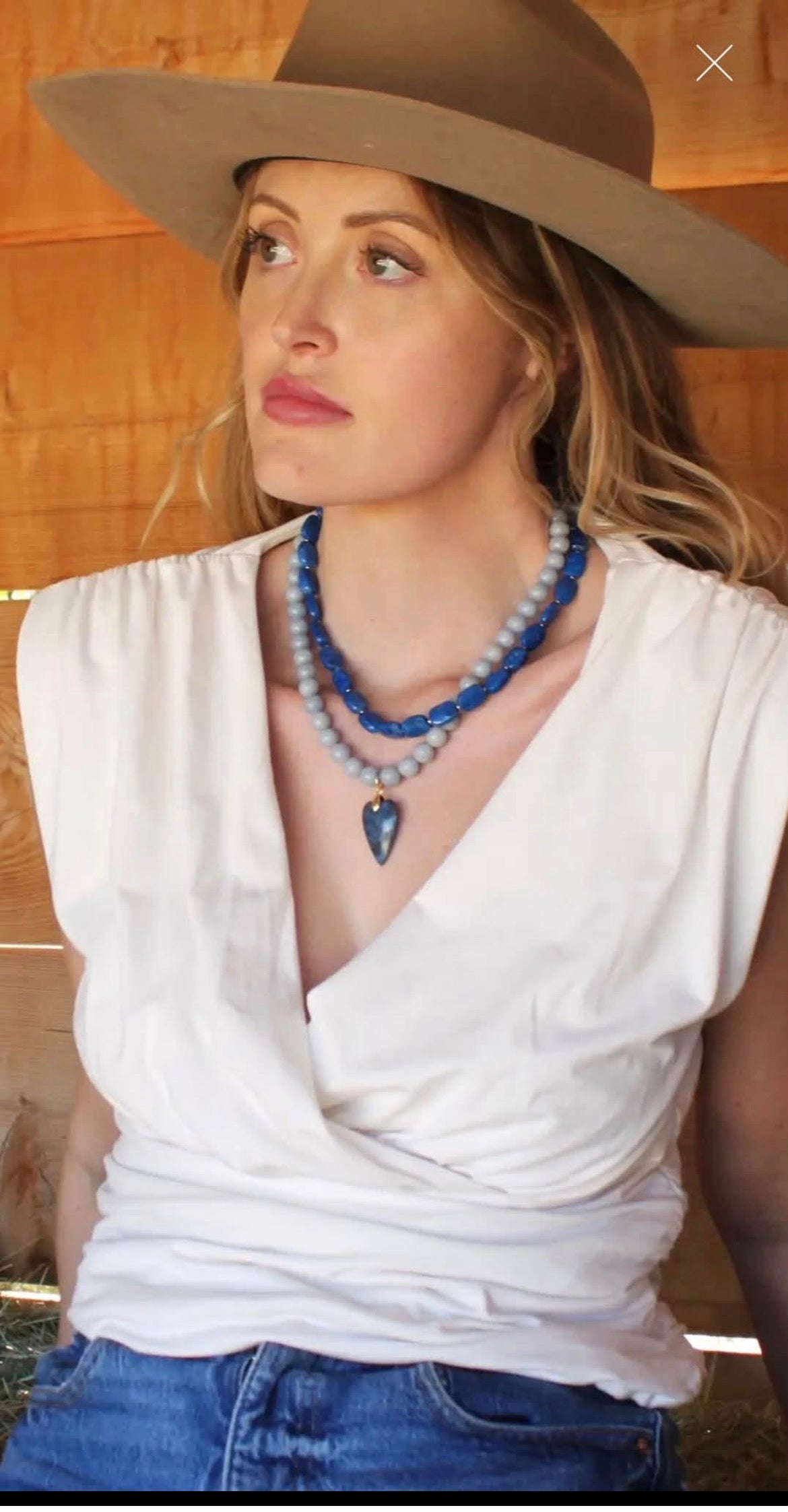 Blue Denim Heart Beaded Necklace