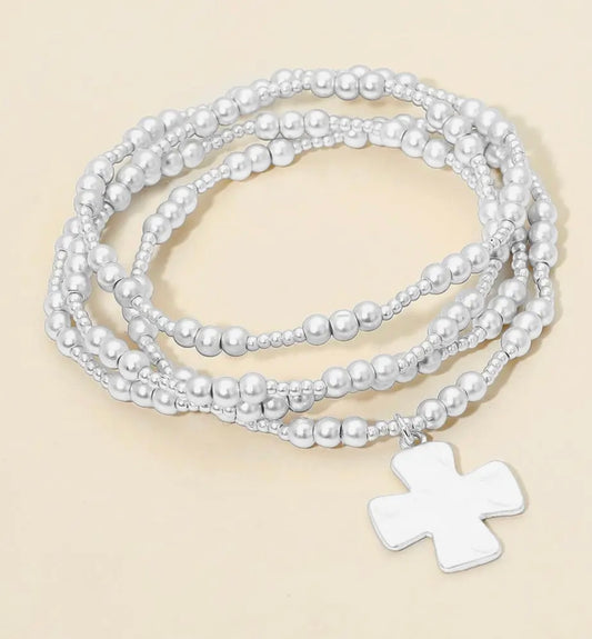 Silver 4PCS - Brushed Hammered
Metal Cross Plate Charm Accent Metal Ball Beaded Stretch Multi Layered Bracelets