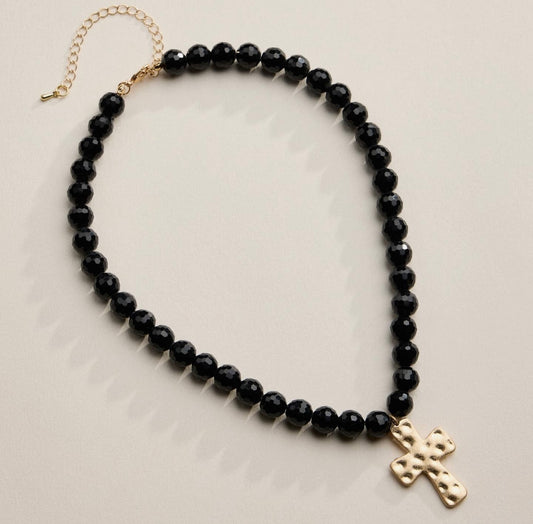 Black Faceted Beaded Necklace with Hammered Cross
Pendant