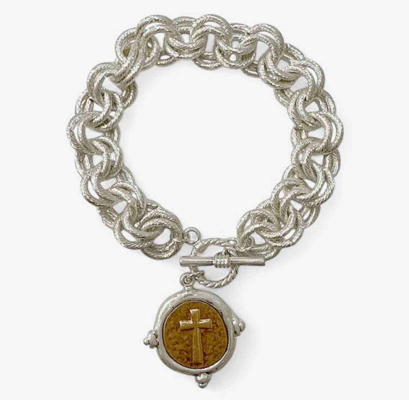 Silver Layered Chain with Gold and Silver Cross Charm
7.5" Bracelet