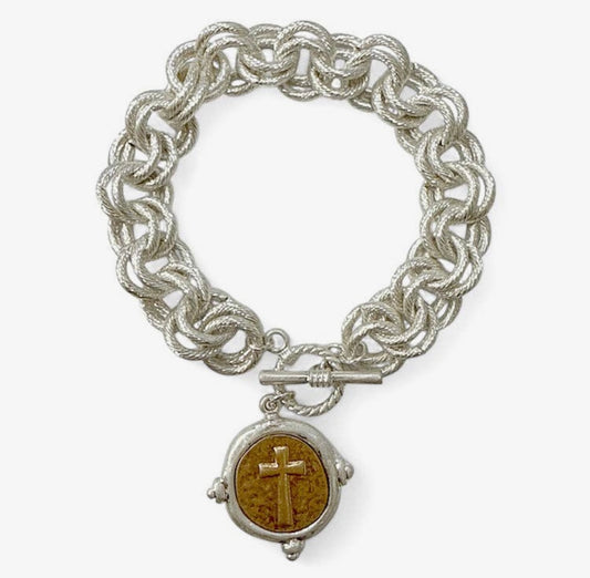Silver Layered Chain with Gold and Silver Cross Charm
7.5" Bracelet