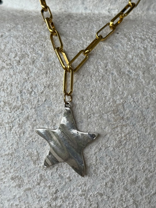 Two-Tone Gold Paperclip Necklace with Silver Textured Star Pendant