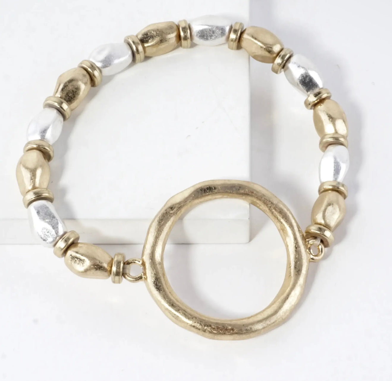 Two Tone Hammered Circle Round Stretch Bracelet Gold/Silver